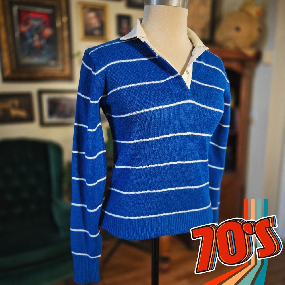 Andrew St John Blue Sweater Vintage 70s Knit Polo Striped Preppy Pullover‎ S